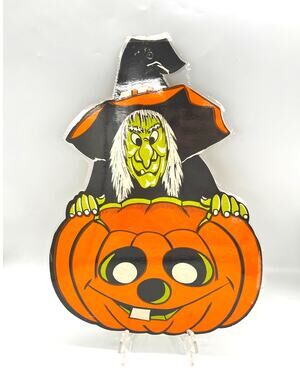 Vintage Eureka USA Halloween Die Cut Pumpkin Witch Decor Sngl Sided 16" x 11.5"